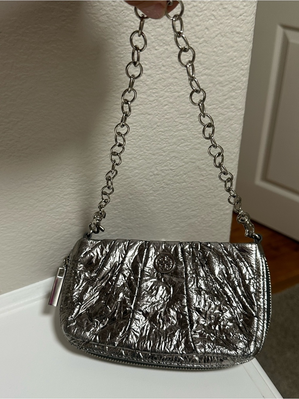 Tory Burch Metallic Silver Chain Shoulder Clutch. Used few times!